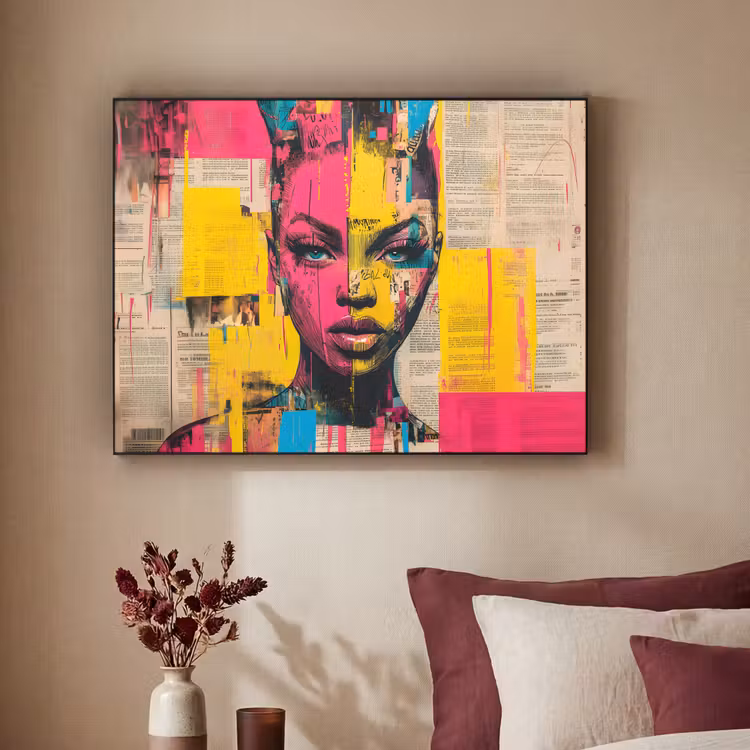 Vrouwengezicht - Krantenpapier - Abstract - Roze Textielframe zwart klein -sfeer1