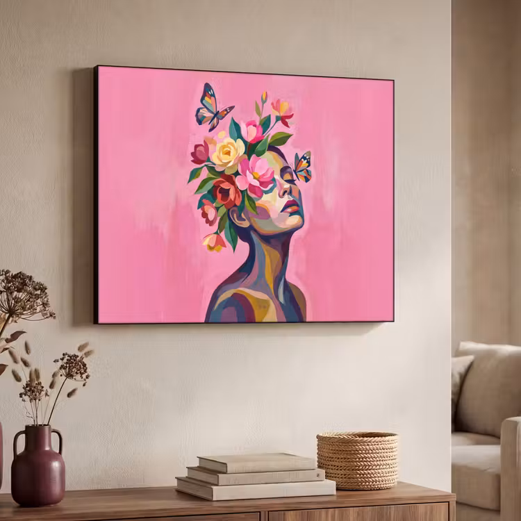 Vrouwengezicht - Vlinders - Kleurrijk Textielframe zwart klein -sfeer3