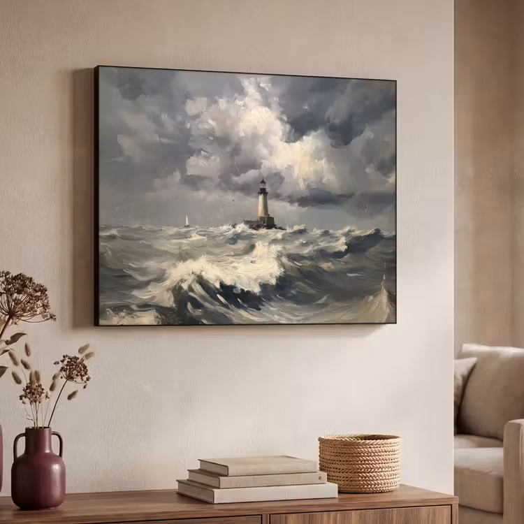 Vuurtoren - Golven - Storm Textielframe - compleet frame klein -sfeer3