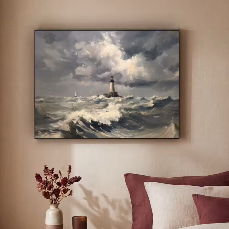 Vuurtoren - Golven - Storm Textielframe - compleet frame klein -sfeer1