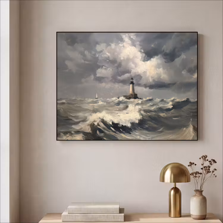 Vuurtoren - Golven - Storm Textielframe - compleet frame klein -sfeer2