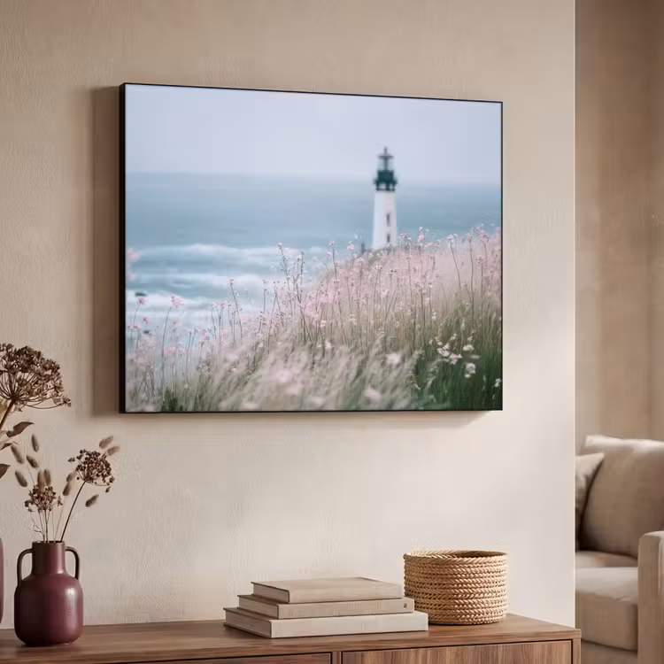Vuurtoren - Klif - Zee - Bloemen Textielframe zwart klein -sfeer3