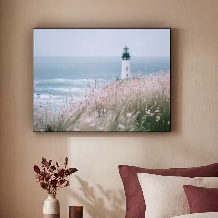 Vuurtoren - Klif - Zee - Bloemen Textielframe - compleet frame klein -sfeer1