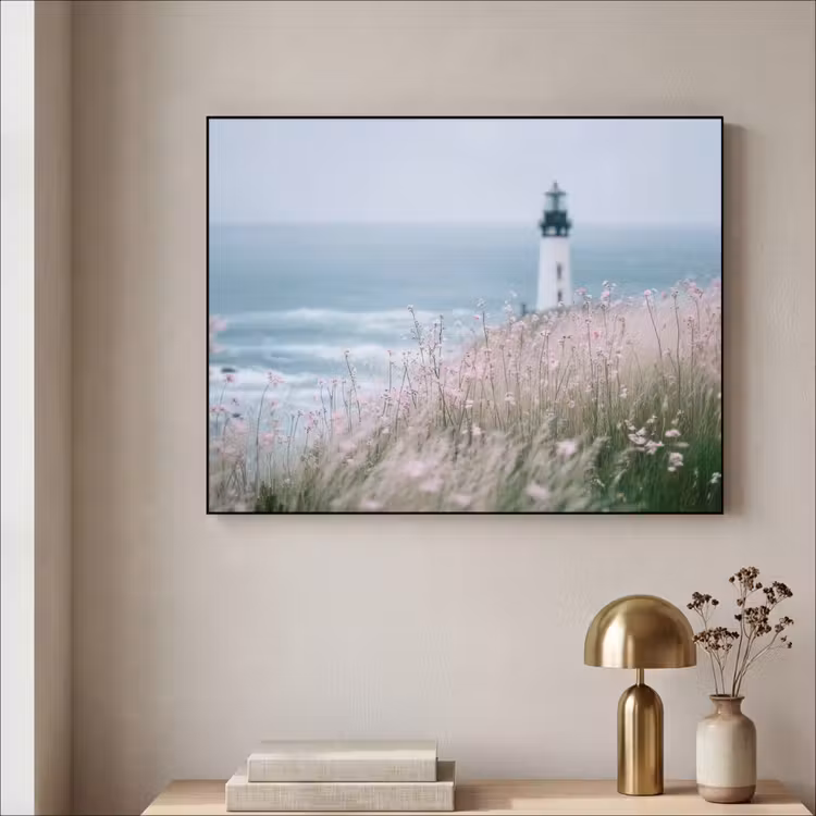 Vuurtoren - Klif - Zee - Bloemen Textielframe zwart klein -sfeer2