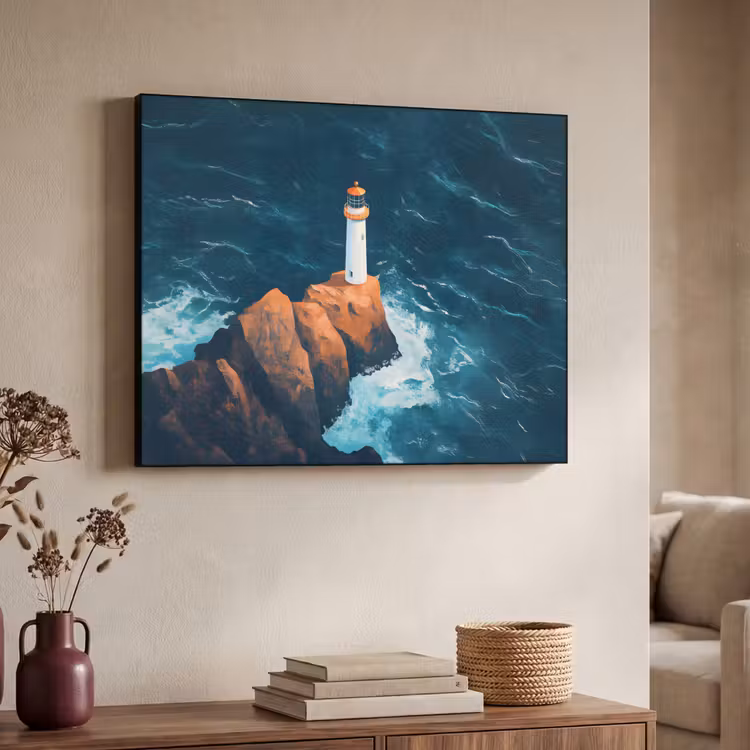 Vuurtoren - Rots - Zee - Golven Textielframe zwart klein -sfeer3