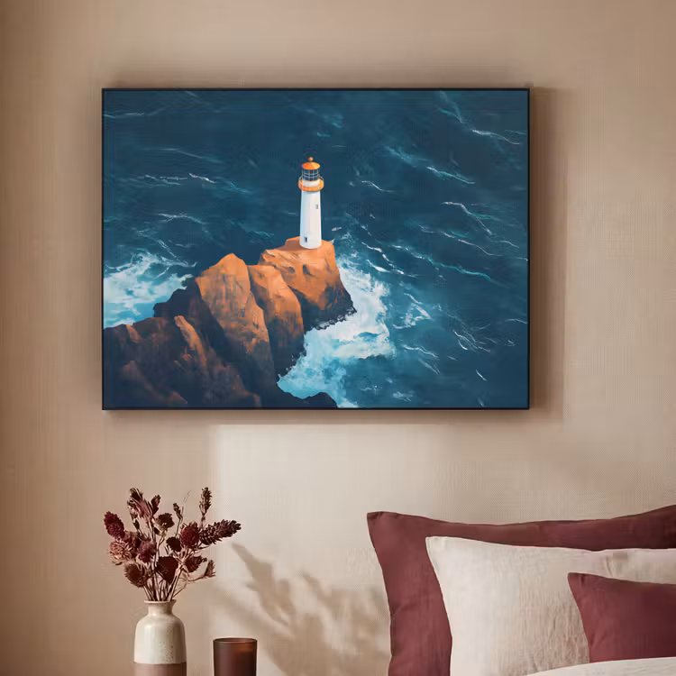 Vuurtoren - Rots - Zee - Golven Textielframe zwart klein -sfeer1