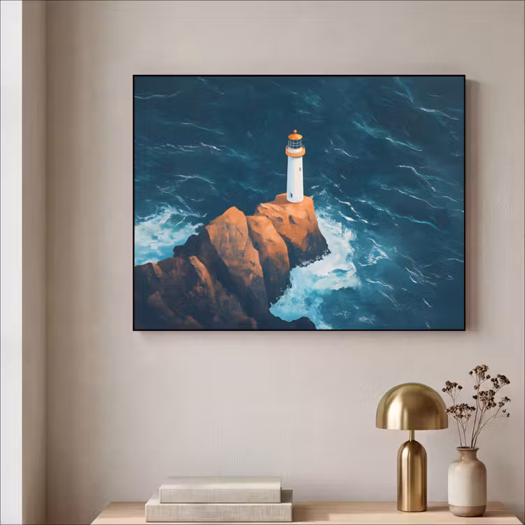 Vuurtoren - Rots - Zee - Golven Textielframe - compleet frame klein -sfeer2