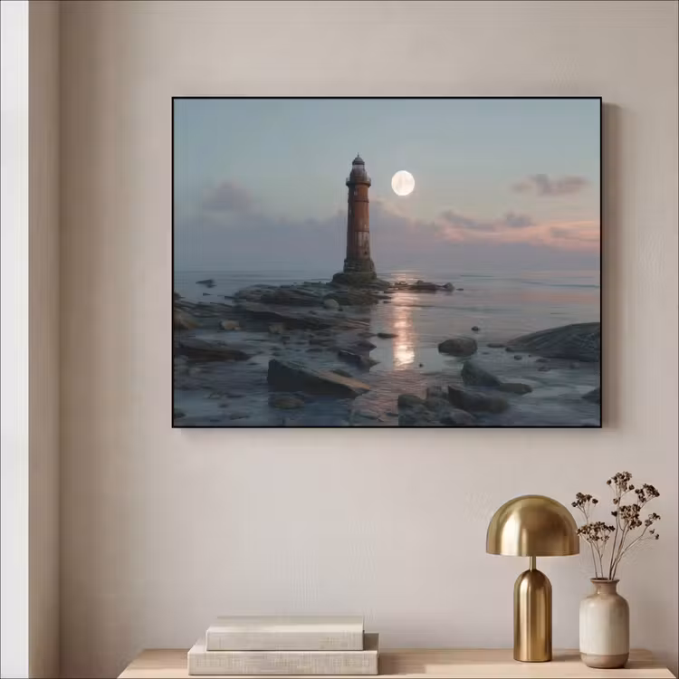 Vuurtoren - Stenen - Water - Maan Textielframe zwart klein -sfeer2