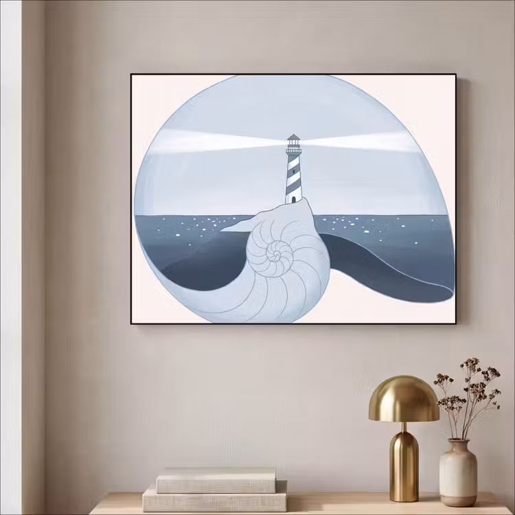 Vuurtoren - Zee - Schelp - Abstract - Blauw Textielframe zwart klein -sfeer2