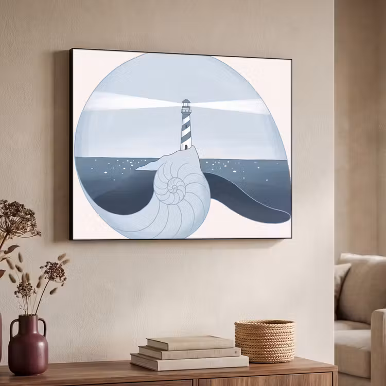 Vuurtoren - Zee - Schelp - Abstract - Blauw Textielframe zwart klein -sfeer3