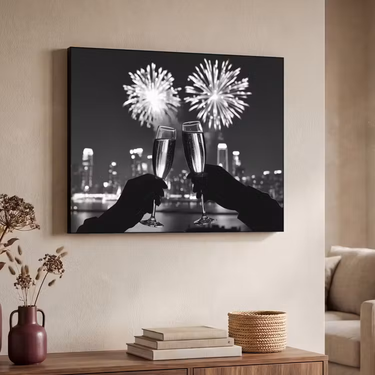 Vuurwerk - Proosten - Skyline - Champagne Textielframe - compleet frame klein -sfeer3