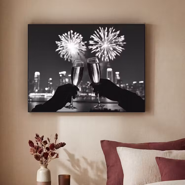 Vuurwerk - Proosten - Skyline - Champagne Textielframe zwart klein -sfeer1