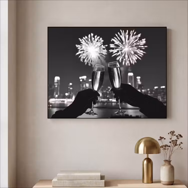 Vuurwerk - Proosten - Skyline - Champagne Textielframe - compleet frame klein -sfeer2