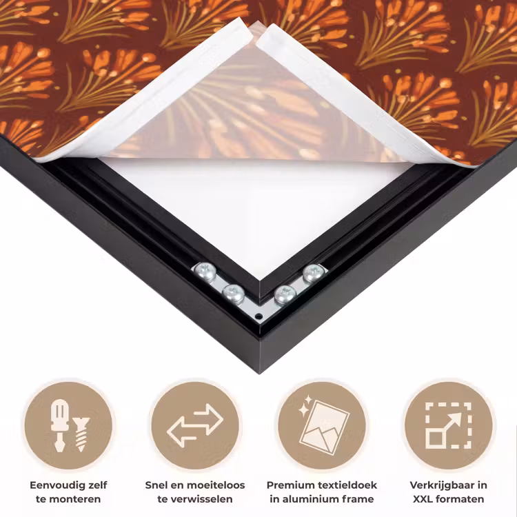 Waaiers - Art Deco - Botanisch - Roestbruin - Oranje Textielframe zwart klein 947 -USP_closeupNL