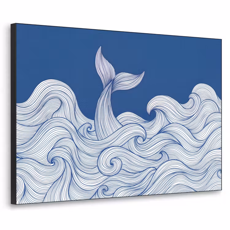 Walvis - Staart - Golven - Lijntekening - Blauw Textielframe zwart klein -3d