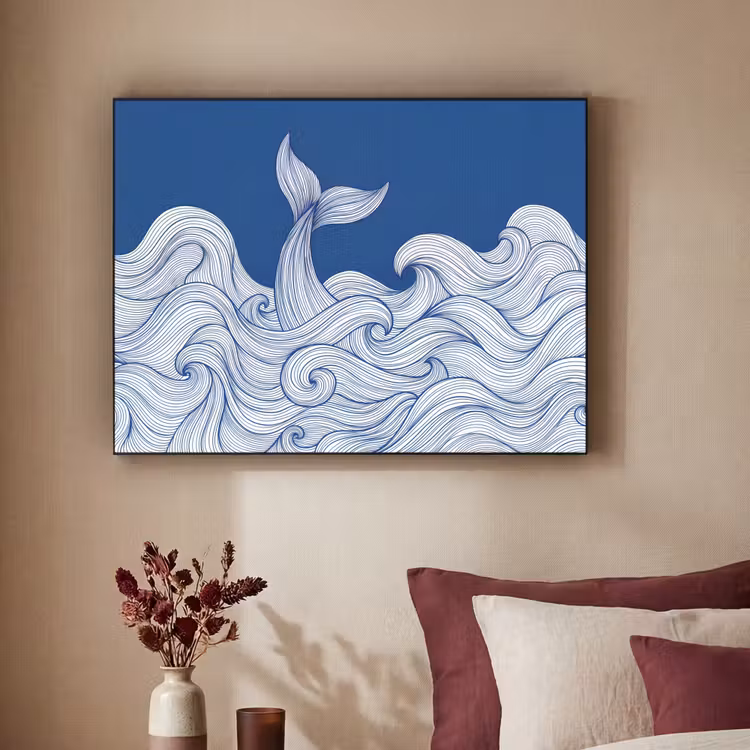 Walvis - Staart - Golven - Lijntekening - Blauw Textielframe zwart klein -sfeer1