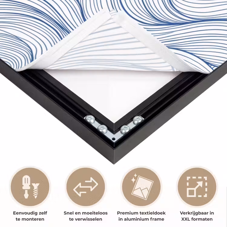 Walvis - Staart - Golven - Lijntekening - Blauw Textielframe zwart klein -USP_closeupNL