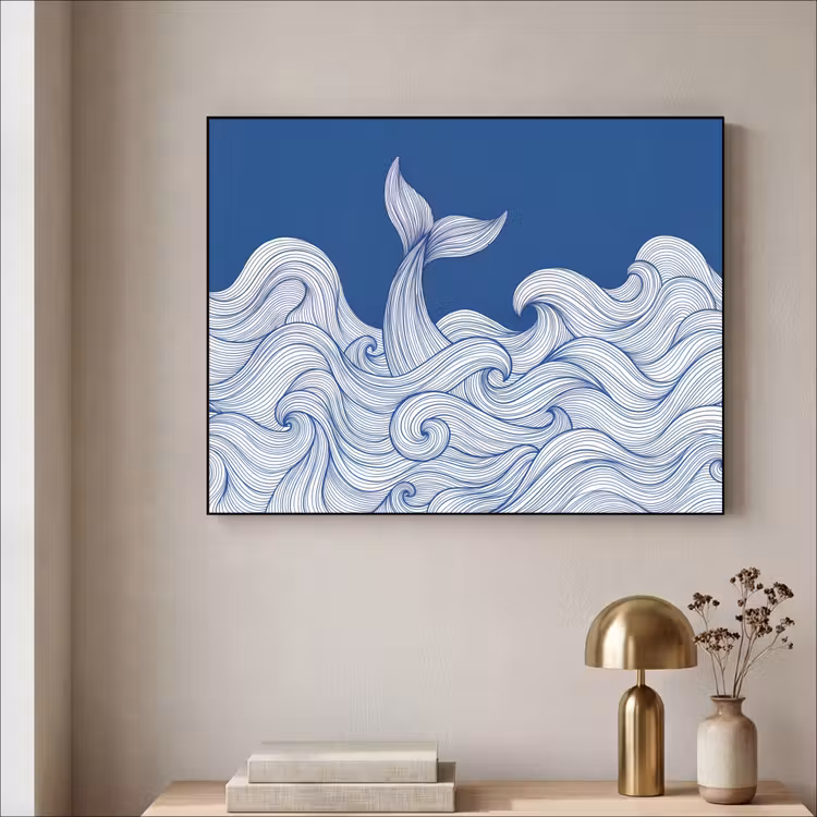 Walvis - Staart - Golven - Lijntekening - Blauw Textielframe zwart klein -sfeer2