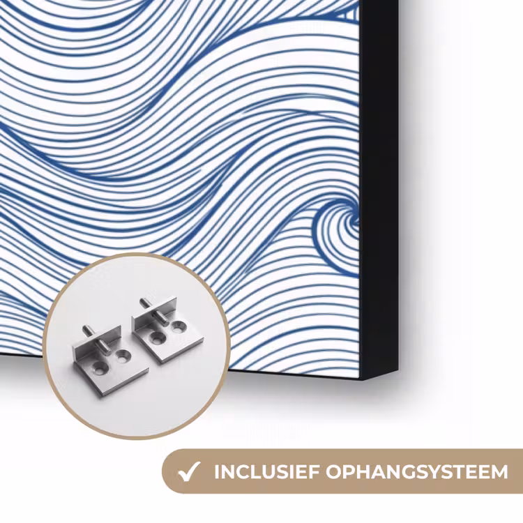 Walvis - Staart - Golven - Lijntekening - Blauw Textielframe zwart klein -USP_ophangsysteemNL