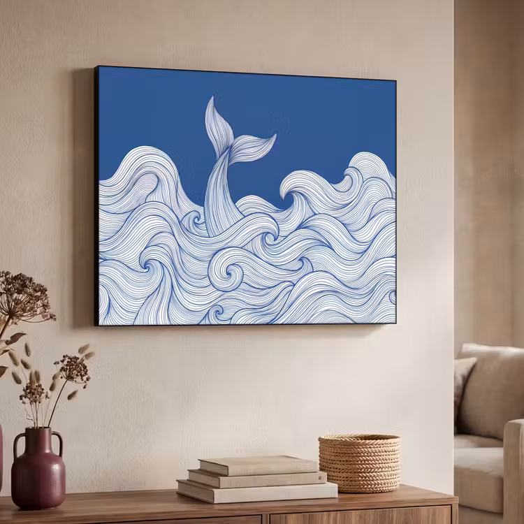 Walvis - Staart - Golven - Lijntekening - Blauw Textielframe zwart klein -sfeer3