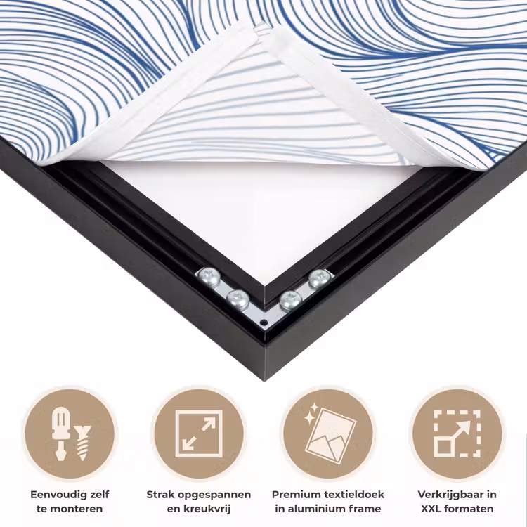 Walvis - Staart - Golven - Lijntekening - Blauw Textielframe zwart klein -USP_feed_closeupNL