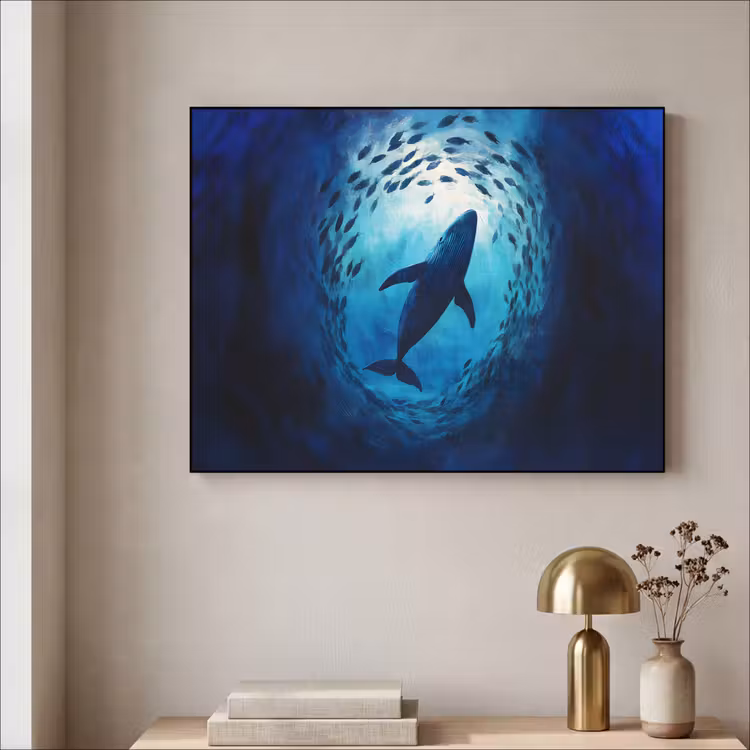 Walvis - Vissen - Donkerblauw Textielframe zwart klein -sfeer2