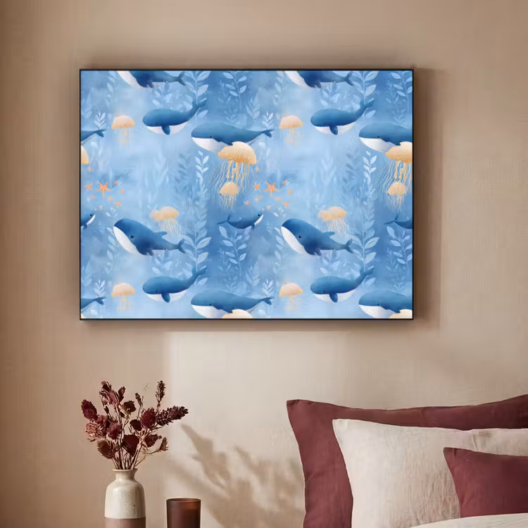 Walvissen - Oceaan - Blauw Textielframe zwart klein 947 -sfeer1