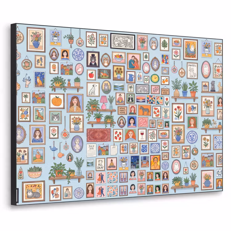 Wanddecoratie - Collectie - Huis - Illustratief - Kleurrijk Textielframe zwart klein -3d