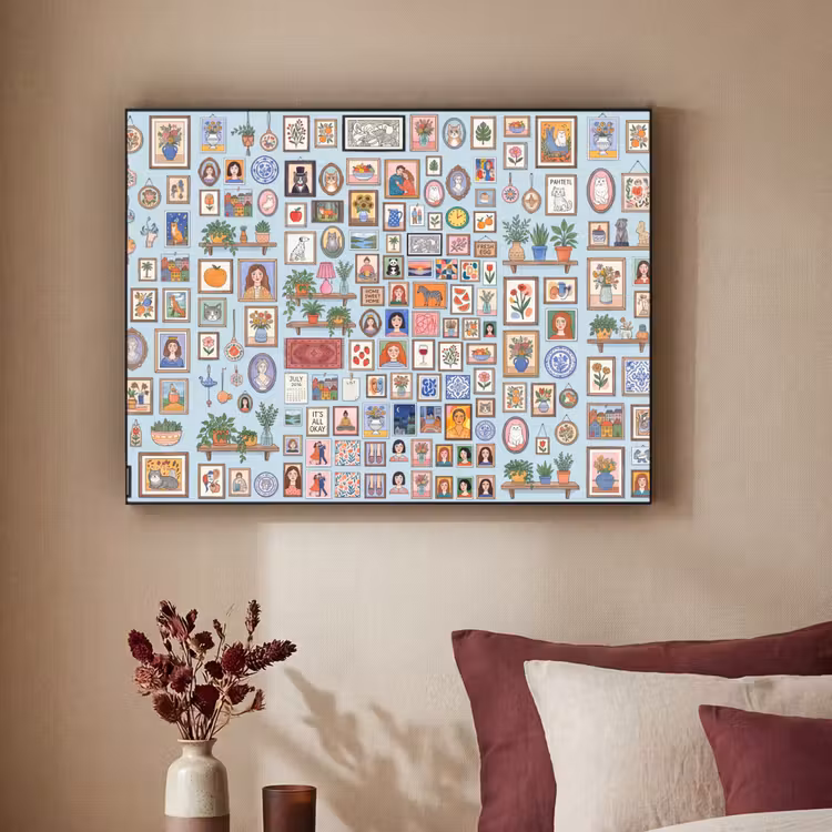 Wanddecoratie - Collectie - Huis - Illustratief - Kleurrijk Textielframe zwart klein -sfeer1