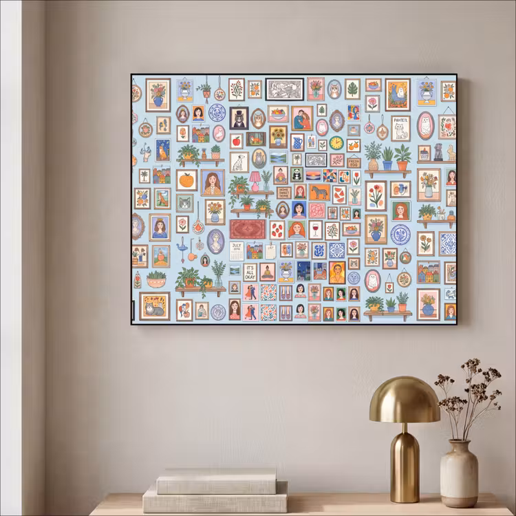 Wanddecoratie - Collectie - Huis - Illustratief - Kleurrijk Textielframe zwart klein -sfeer2