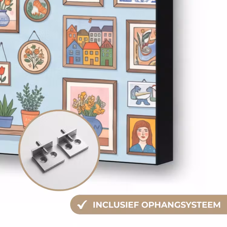 Wanddecoratie - Collectie - Huis - Illustratief - Kleurrijk Textielframe zwart klein -USP_ophangsysteemNL