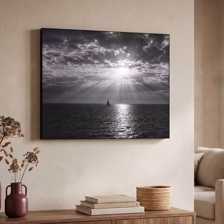 Water - Boot - Lucht - Natuur - Zwart-wit Textielframe zwart klein -sfeer3