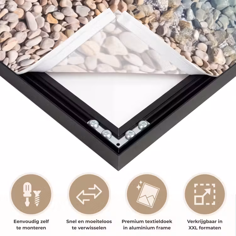 Water - Kiezels - Natuur - Levendig - Turkoois Textielframe zwart klein -USP_closeupNL