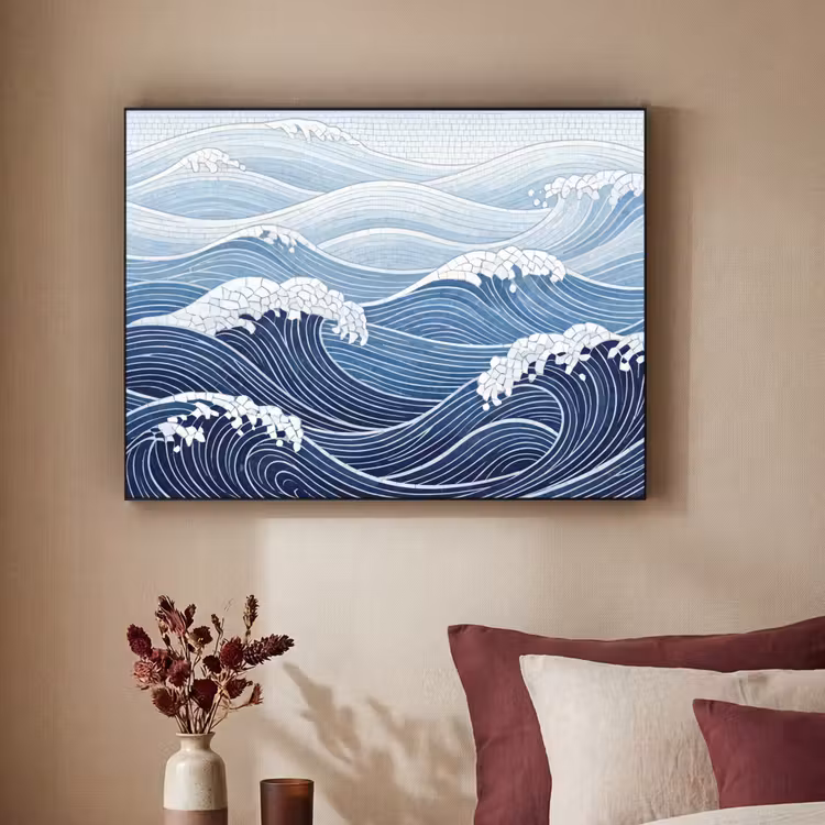 Water - Mozaïek - Landschap - Modern - Blauw Textielframe zwart klein -sfeer1
