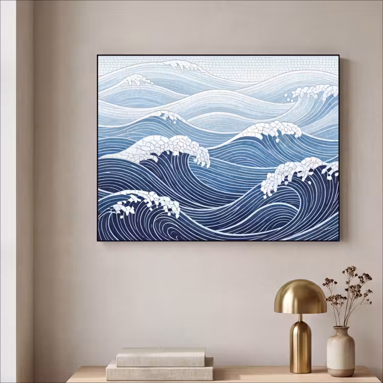 Water - Mozaïek - Landschap - Modern - Blauw Textielframe zwart klein -sfeer2