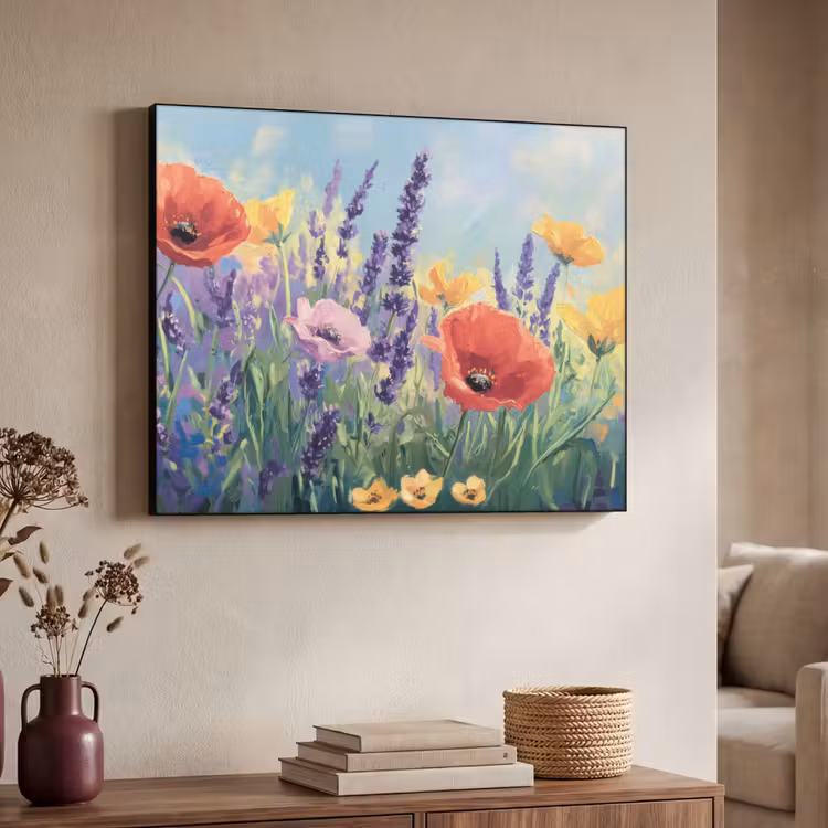Weide - Bloemen - Kleurrijk Textielframe zwart klein -sfeer3