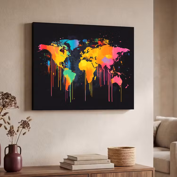 Wereldkaart - Verf - Kleurrijk - Graffiti - Wereld Textielframe zwart klein -sfeer3