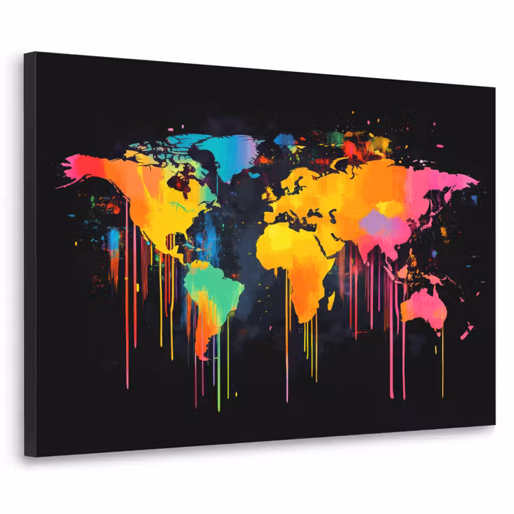 Wereldkaart - Verf - Kleurrijk - Graffiti - Wereld Textielframe zwart klein -3d
