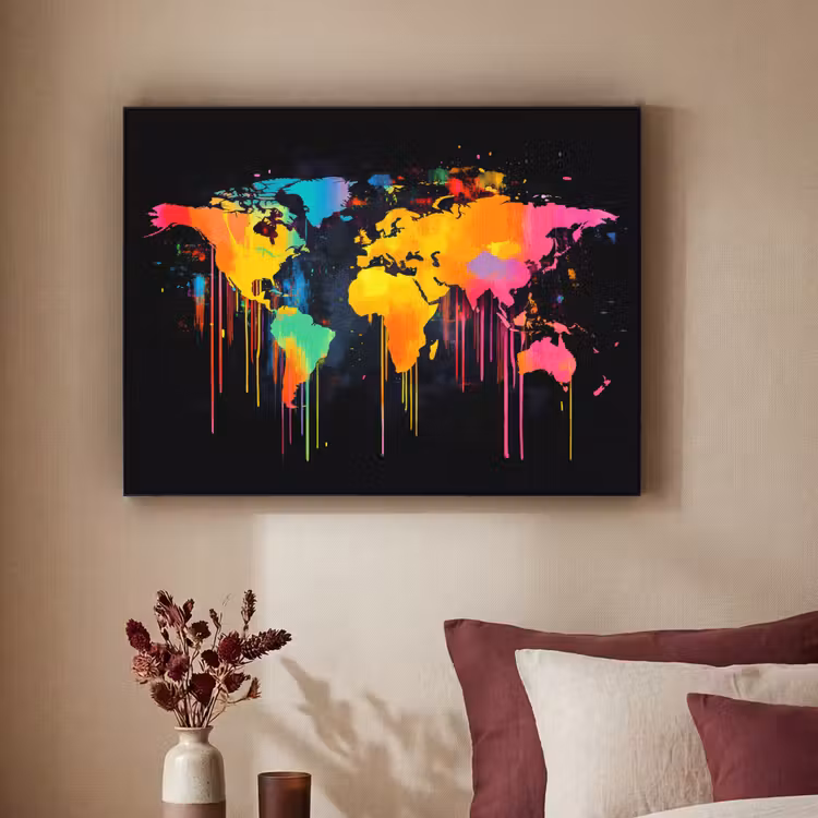 Wereldkaart - Verf - Kleurrijk - Graffiti - Wereld Textielframe - compleet frame klein -sfeer1