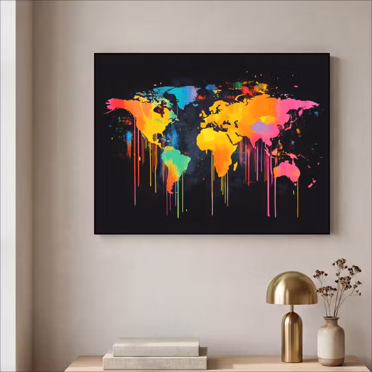 Wereldkaart - Verf - Kleurrijk - Graffiti - Wereld Textielframe zwart klein -sfeer2