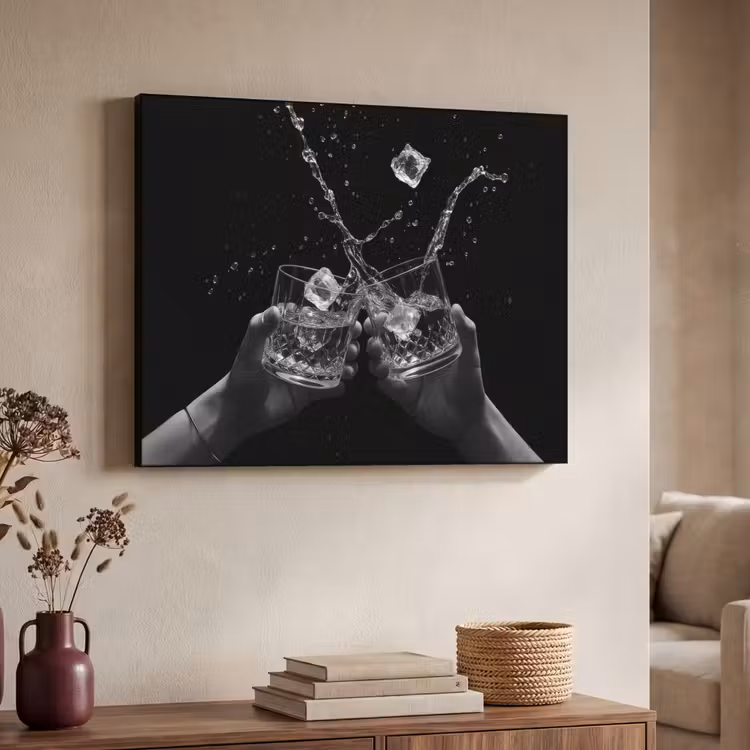 Whiskyglazen - Ijs - Spetters - Zwart Textielframe zwart klein -sfeer3