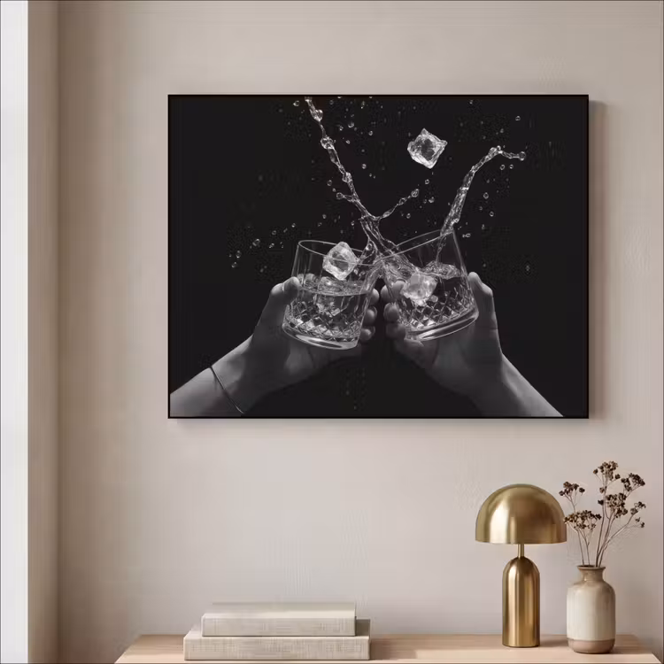 Whiskyglazen - Ijs - Spetters - Zwart Textielframe zwart klein -sfeer2