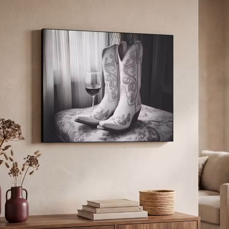 Wijn - Cowboylaarzen - Raamlicht - Wit Textielframe zwart klein -sfeer3