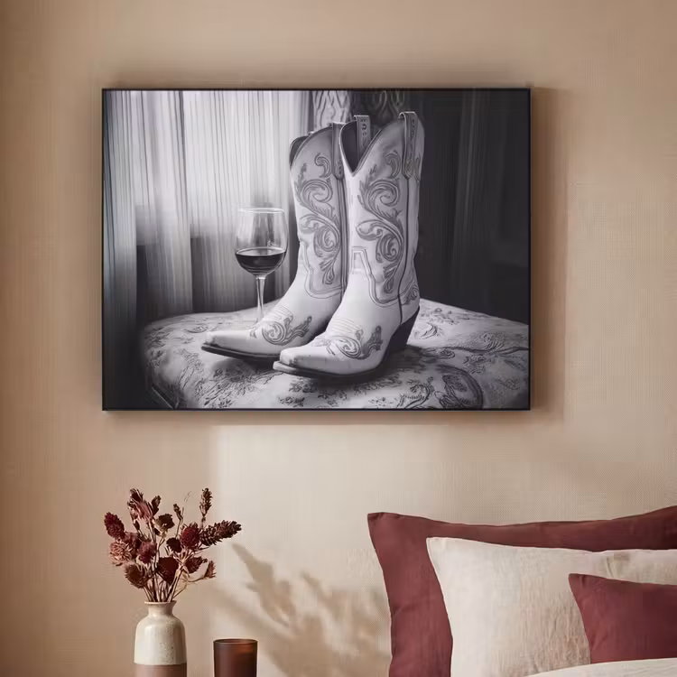 Wijn - Cowboylaarzen - Raamlicht - Wit Textielframe - compleet frame klein -sfeer1
