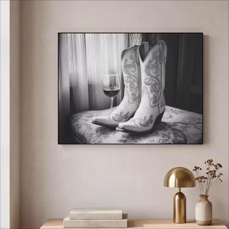 Wijn - Cowboylaarzen - Raamlicht - Wit Textielframe - compleet frame klein -sfeer2