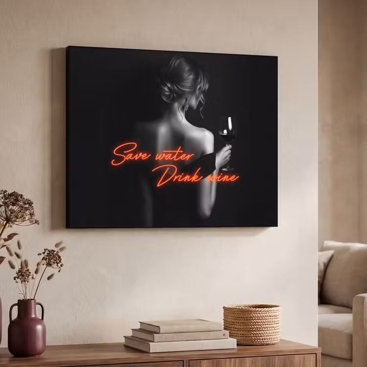 Wijn - Vrouw - Neon - Quote Textielframe - compleet frame klein -sfeer3