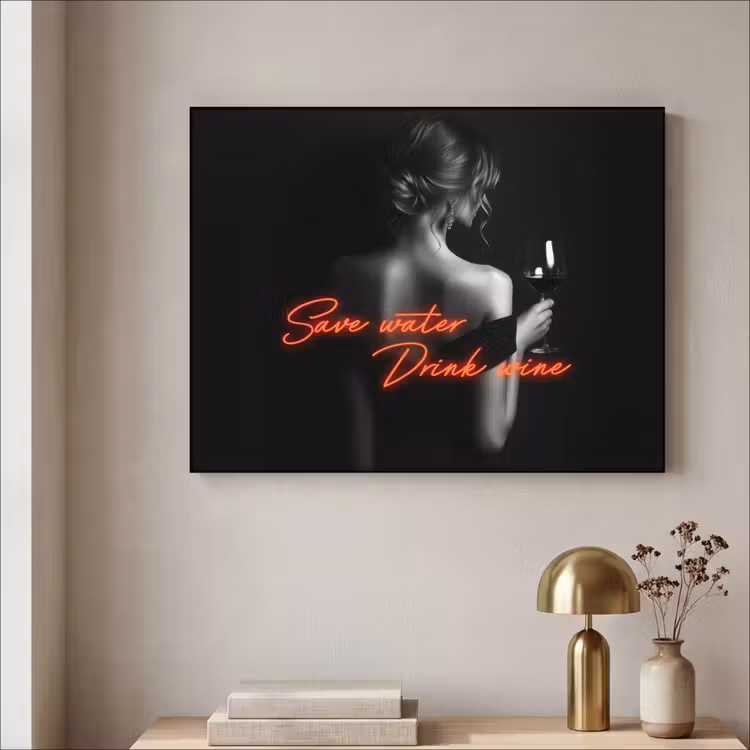 Wijn - Vrouw - Neon - Quote Textielframe zwart klein -sfeer2