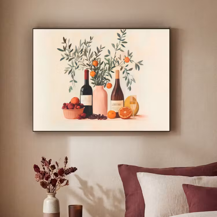 Wijnflessen - Takken - Sinaasappels Textielframe zwart klein -sfeer1