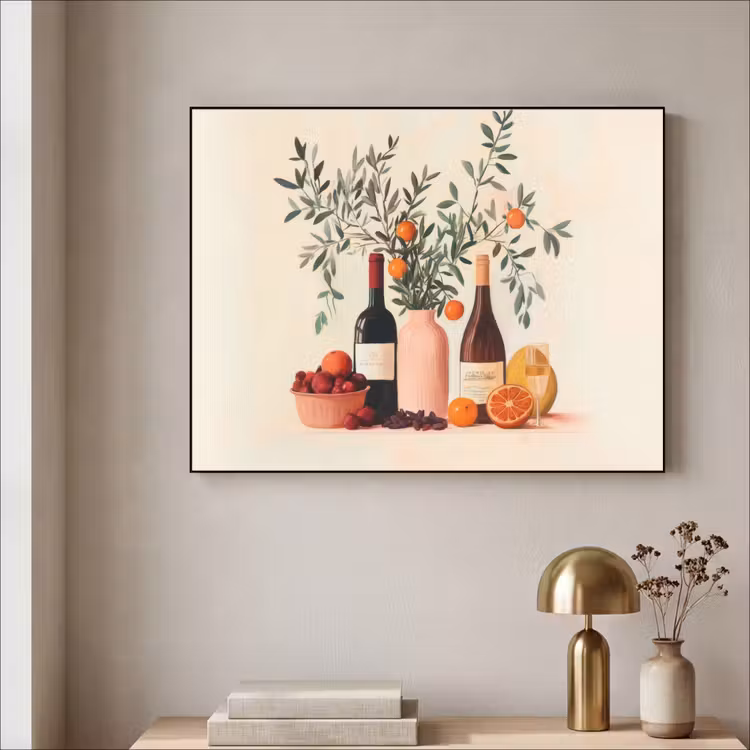 Wijnflessen - Takken - Sinaasappels Textielframe zwart klein -sfeer2