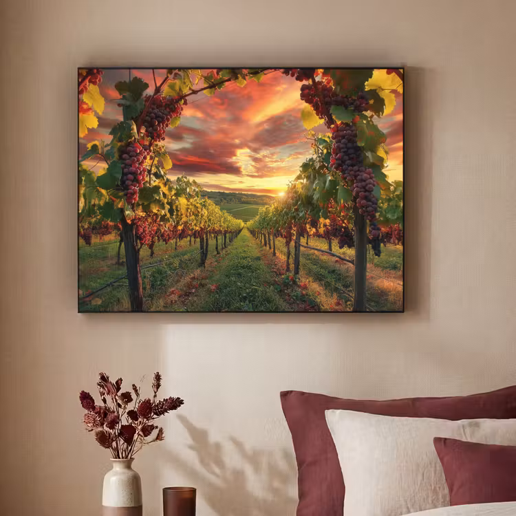 Wijngaard - Druiven - Zonsondergang Textielframe zwart klein -sfeer1